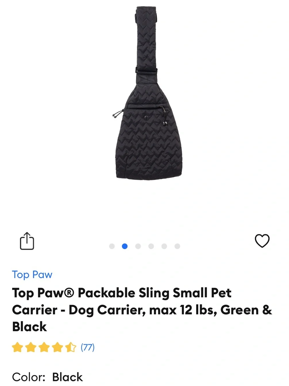Top Paw Black Packable Sling Pet Carrier - Quilted Shoulder Bag Style